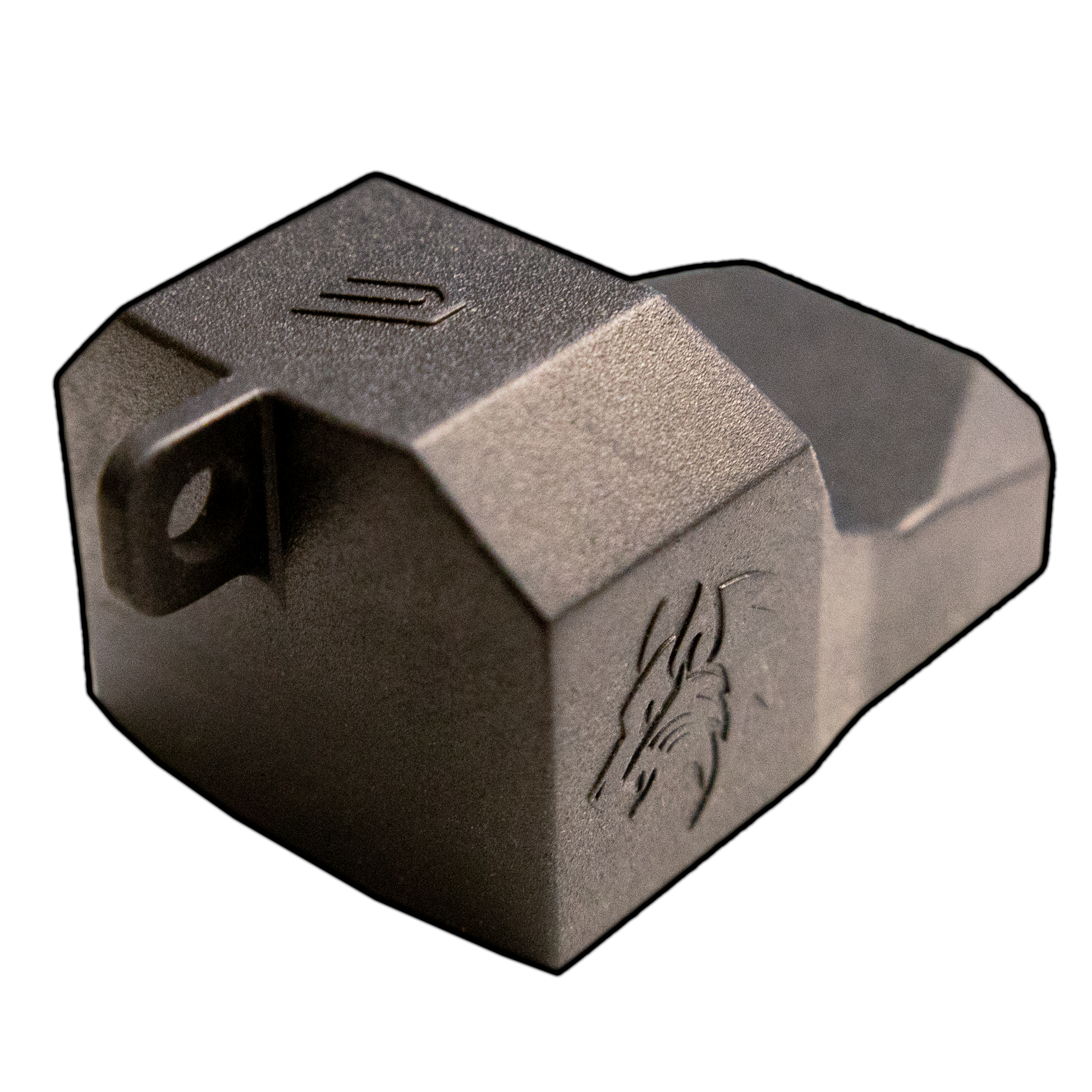 a close up of a metal object on a black background