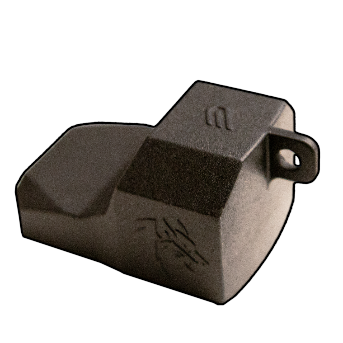 a close up of a metal object on a black background