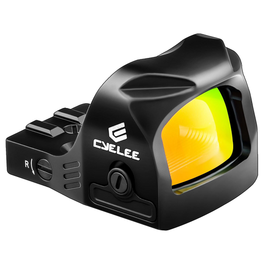 a red dot sight with a yellow lens