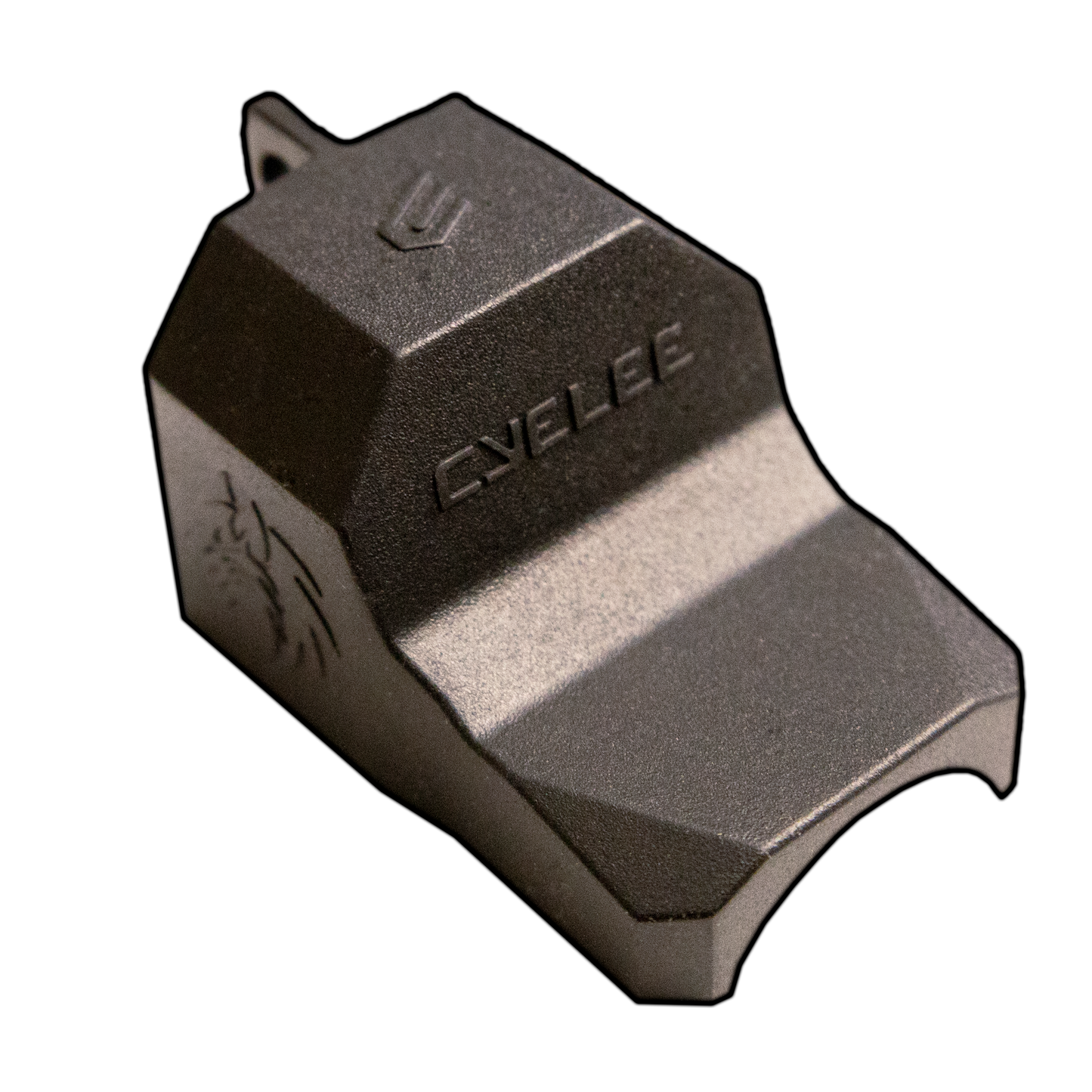 a close up of a metal object on a black background