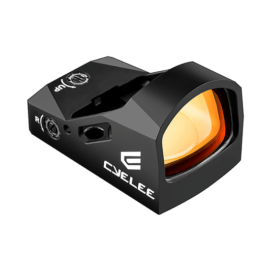 a close up of a red dot sight on a black background