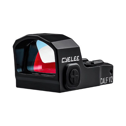 a close up of a red and blue sight