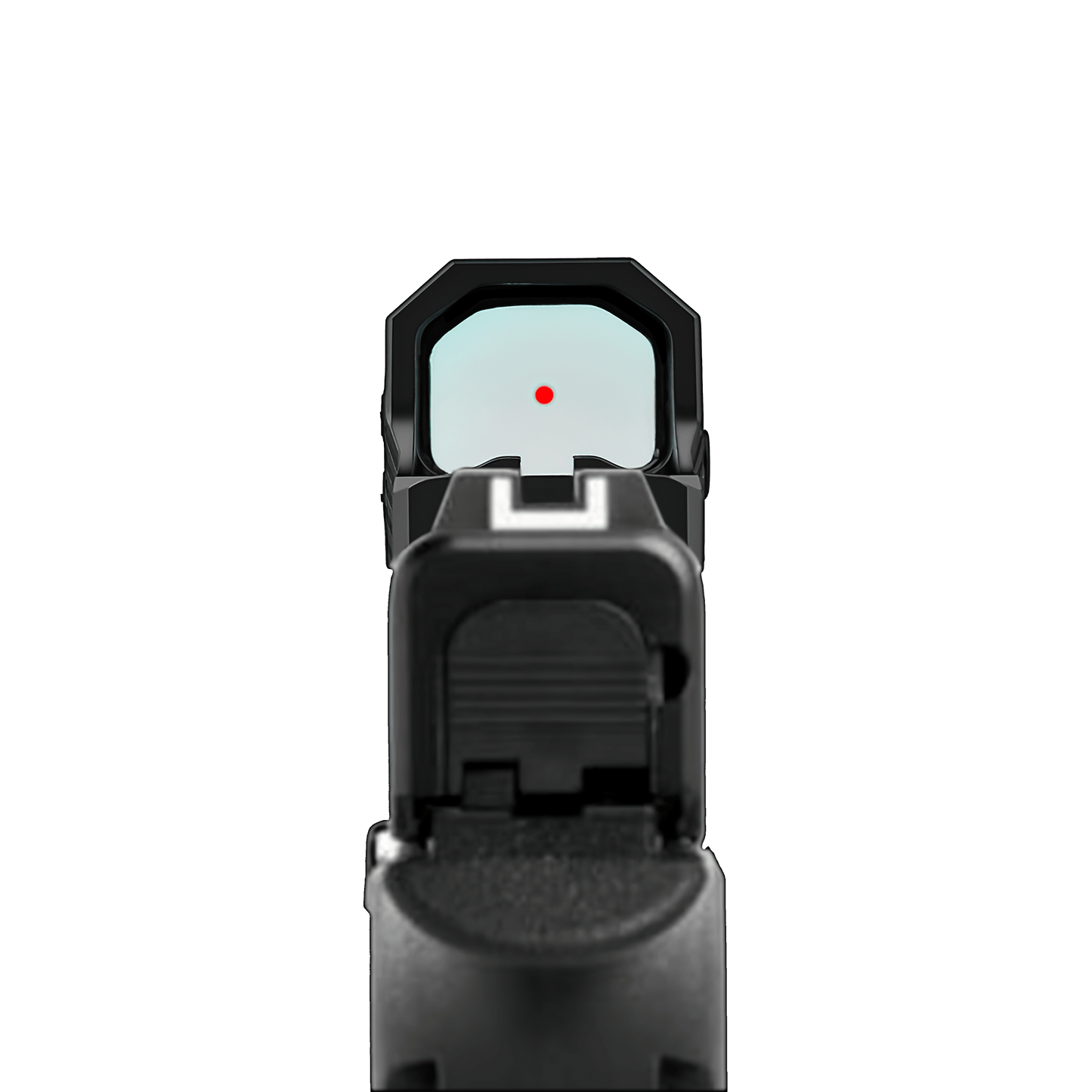 a black and white photo of a red dot sight