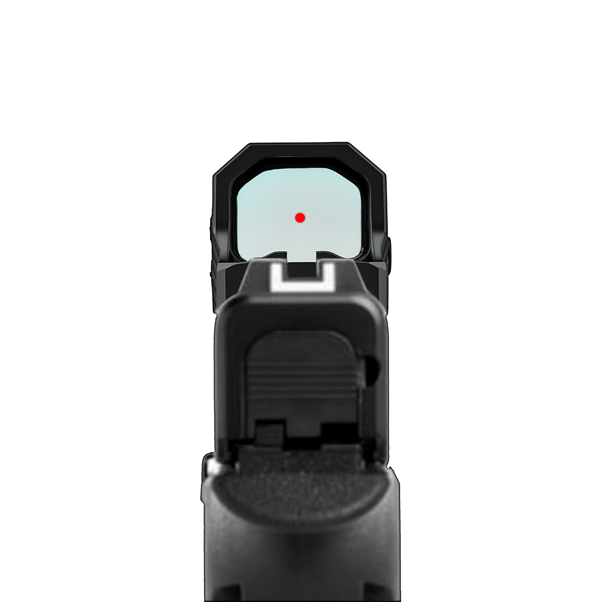 a black and white photo of a red dot sight
