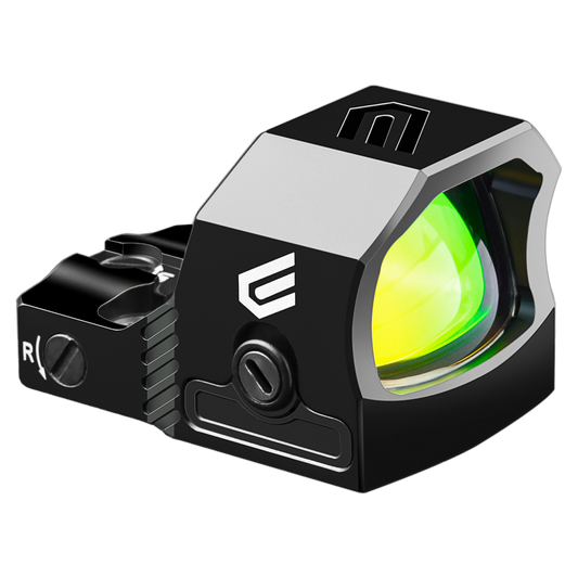 a red dot sight with a green light