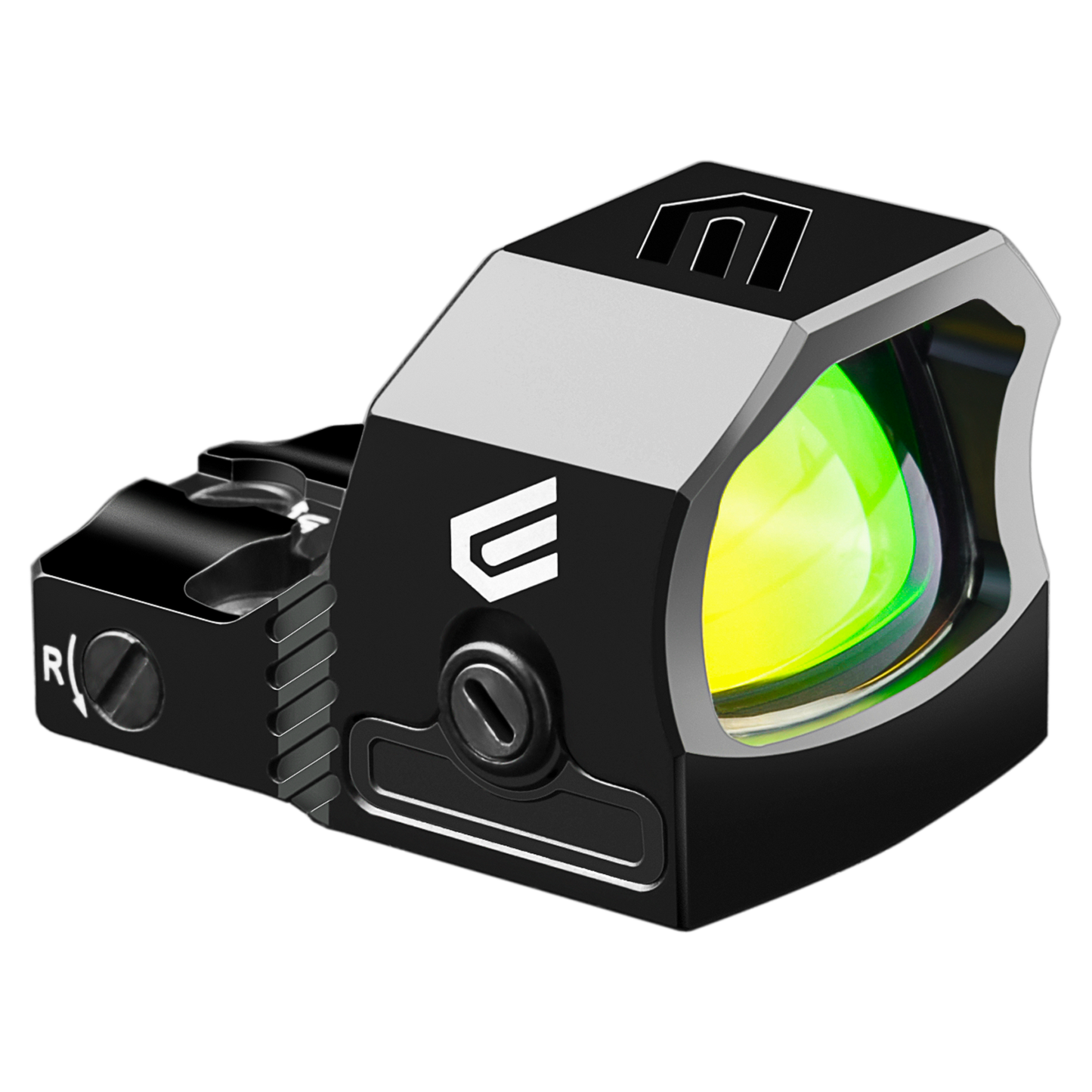 a red dot sight with a green light