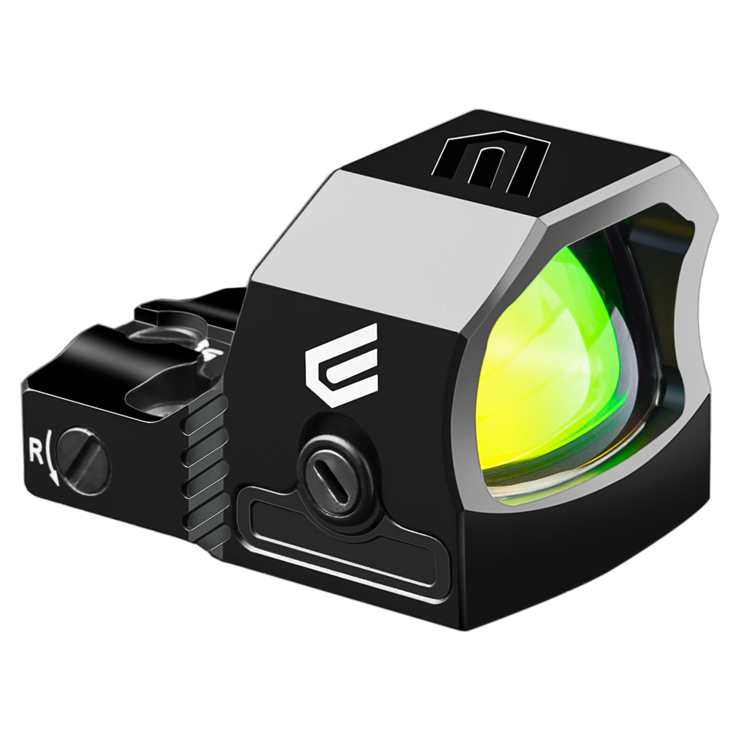 a red dot sight with a green light