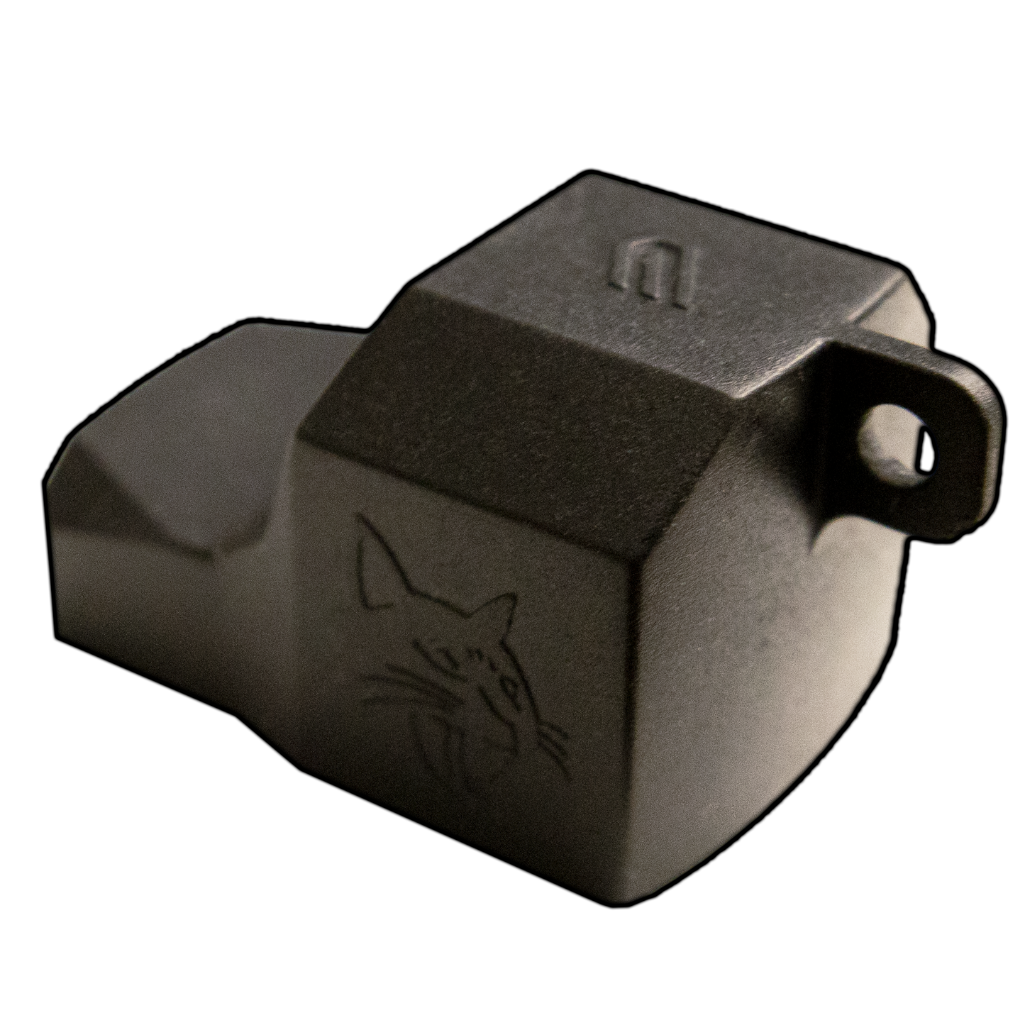 a close up of a metal object with a cat drawn on it