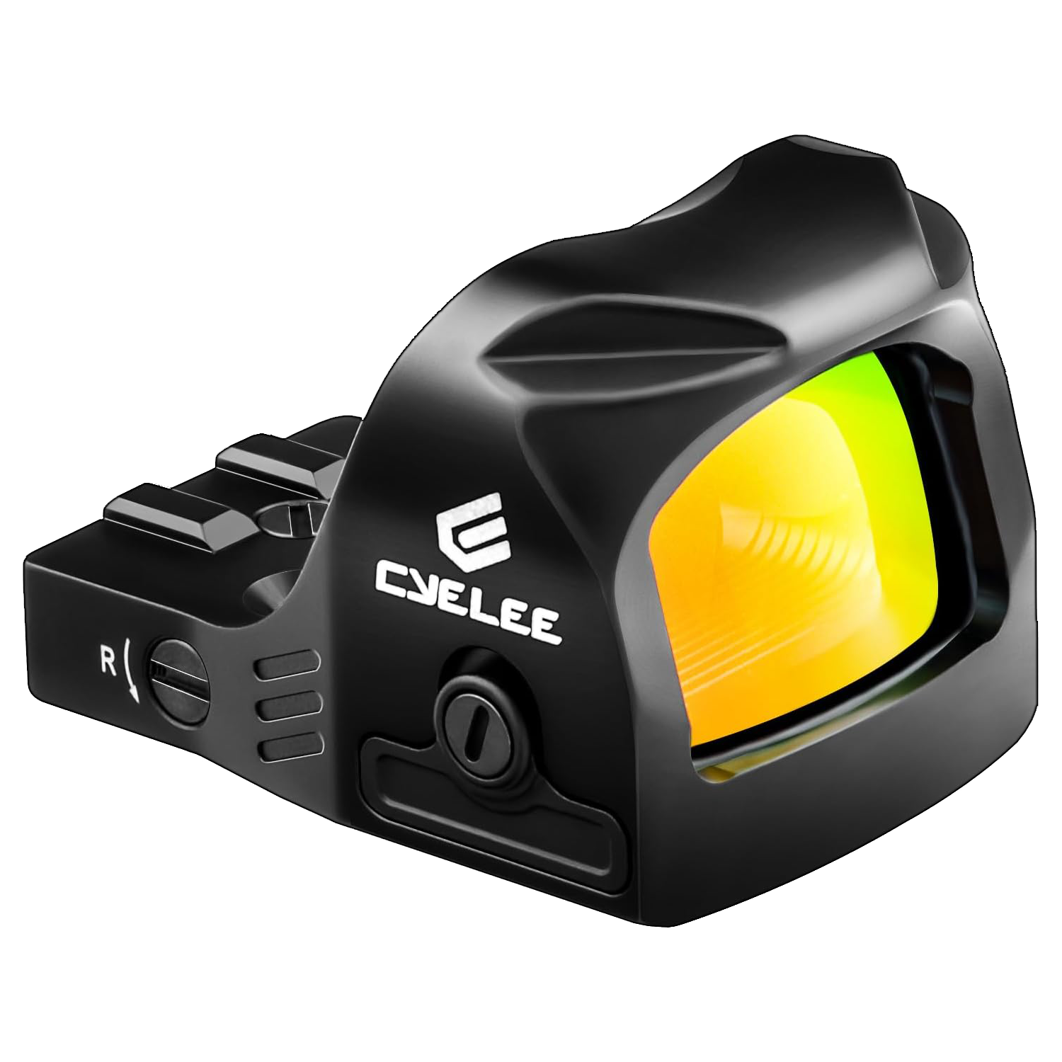 a red dot sight with a yellow lens