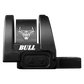 a bull logo on the side of a black vehicle