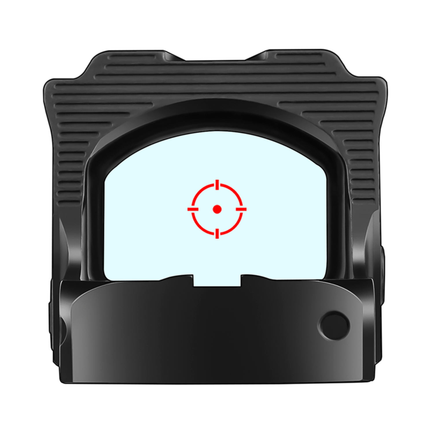 a close up of a red dot on a black sight
