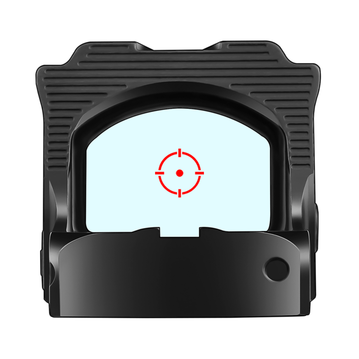 a close up of a red dot on a black sight