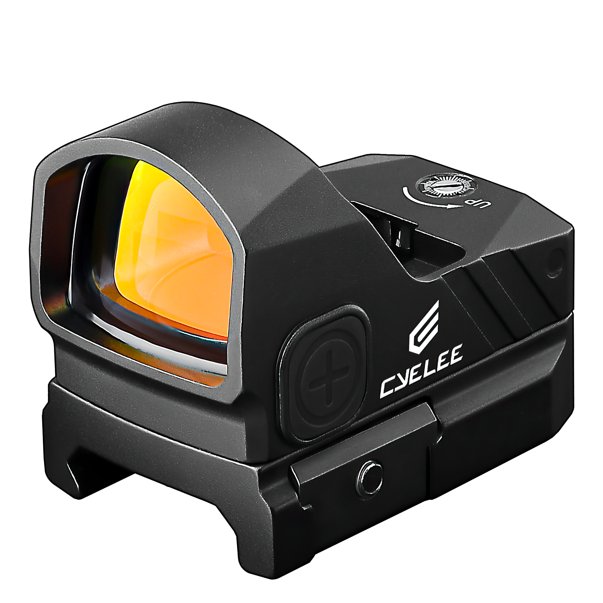 a red dot sight with a yellow lens