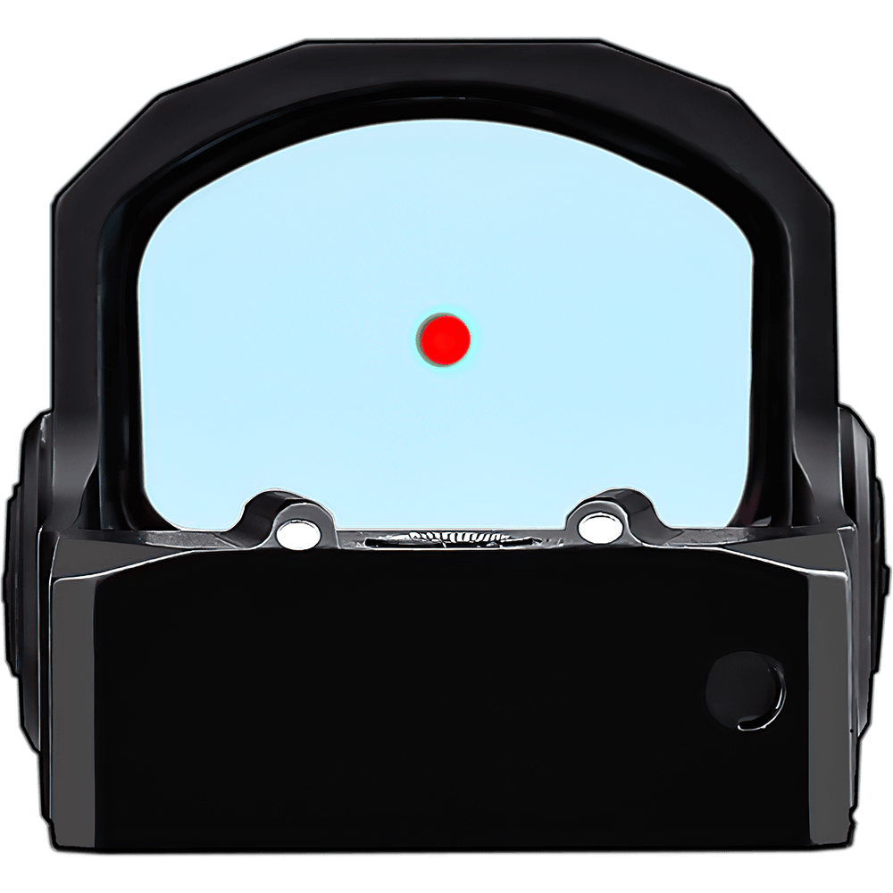 a close up of a red dot on a black sight