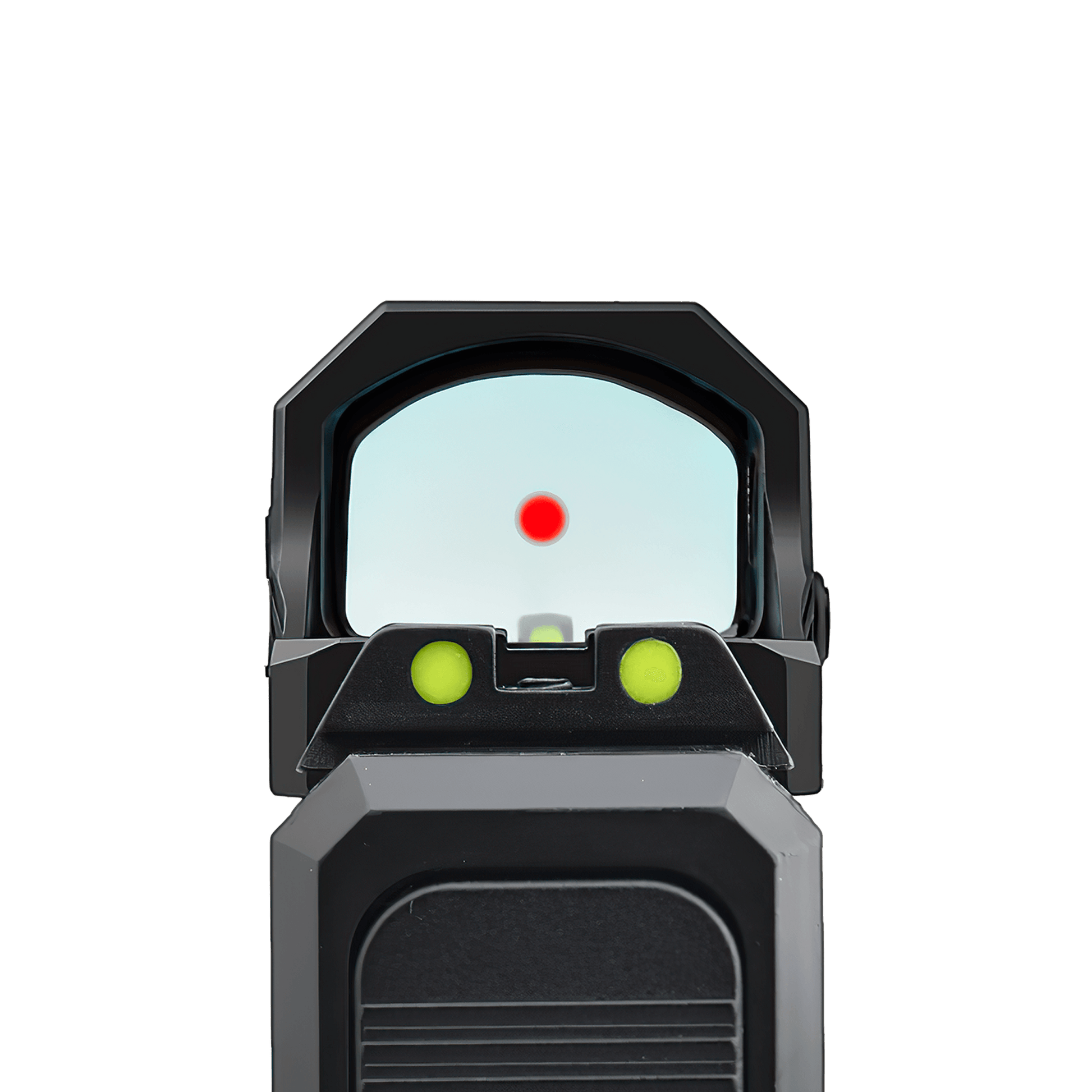 a close up of a red dot sight on a black background