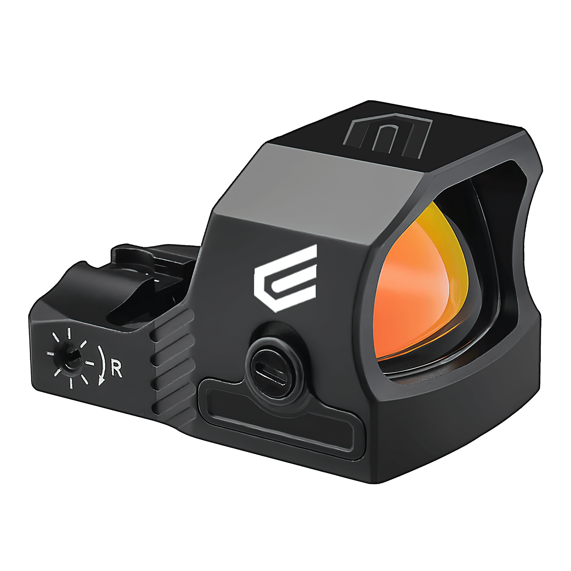 a close up of a red dot sight on a black background